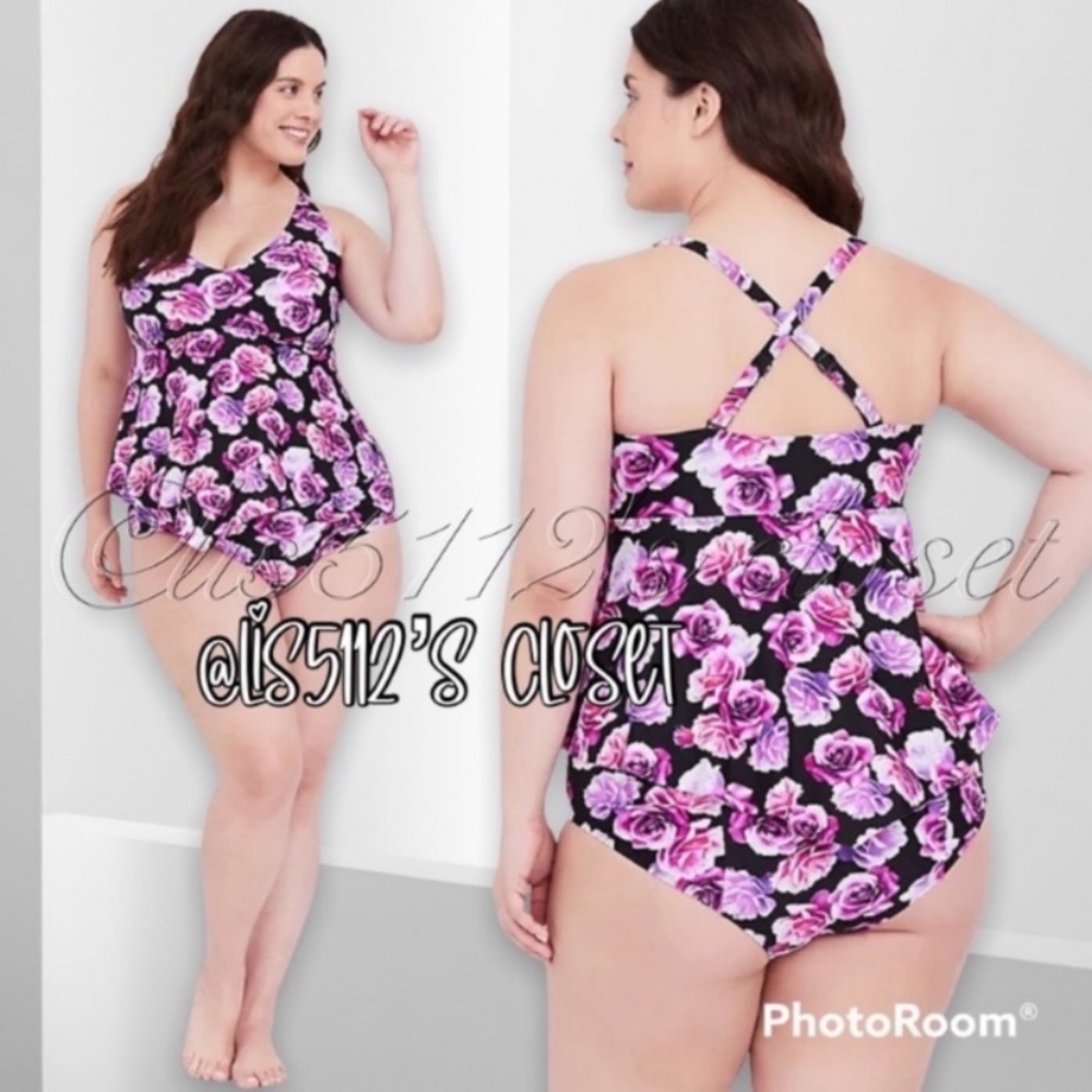 Torrid Pink & Purple Roses Black Tankini & Ruched Bottoms 2pc Swimsuit SET 1X - Picture 5 of 12